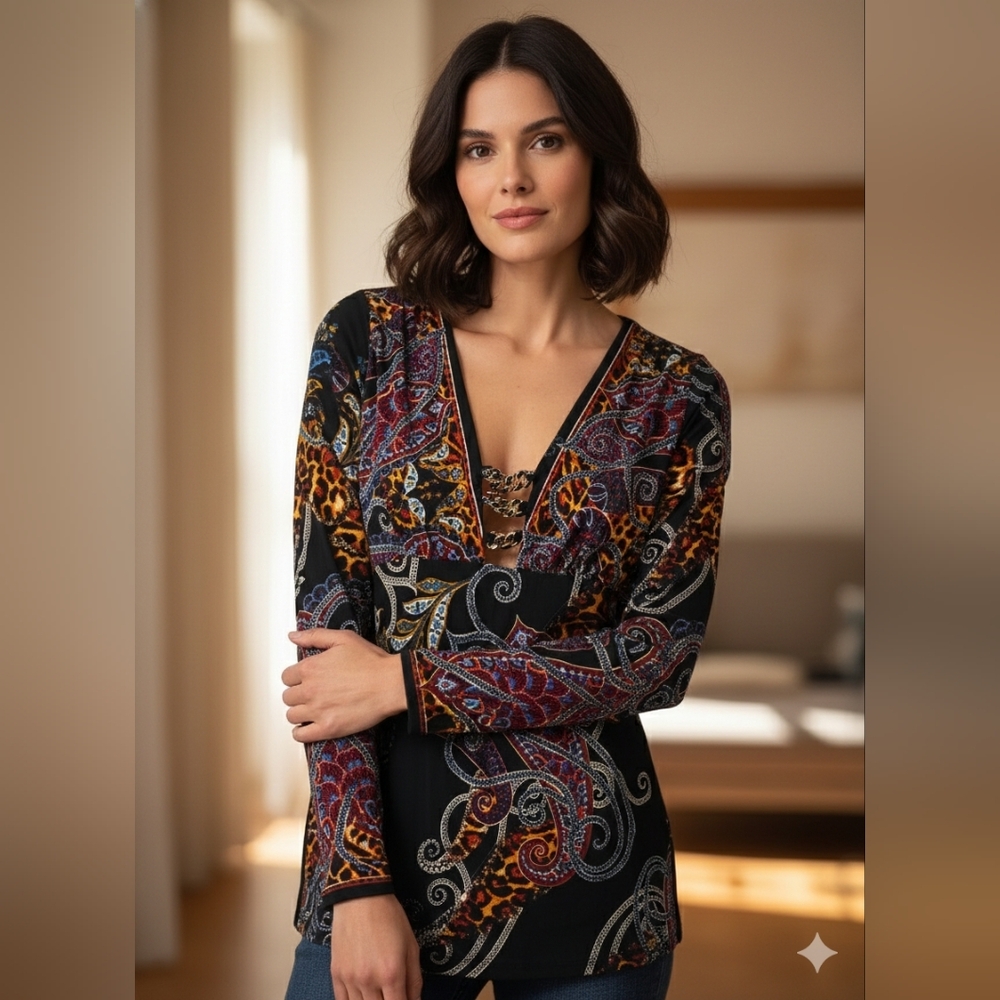 VENUS Black Multicolor Paisley V-Neck Blouse